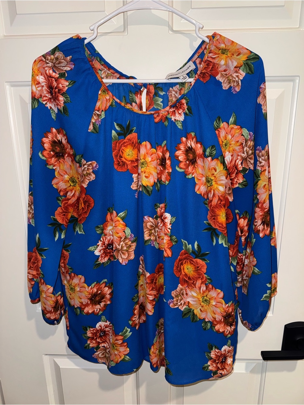 Gibson Latimer Royal Blue Floral Blouse cute bow in the back